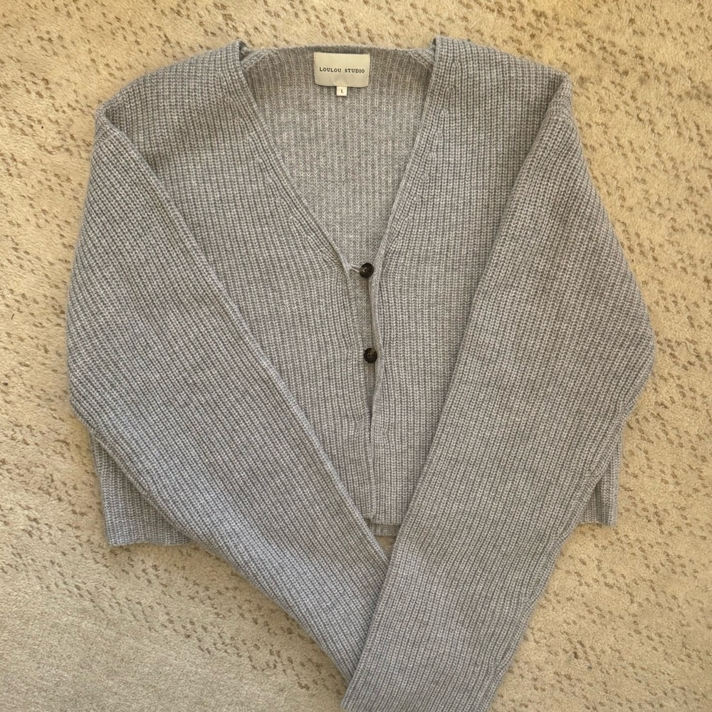 Loulou Studio Light Gray Ribbed V-Neck Button Cardigan